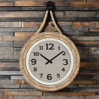 Horloge murale ronde en corde tressée, style côtier, à piles, mouvement à quartz, pour décoration de maison de plage ou de chalet