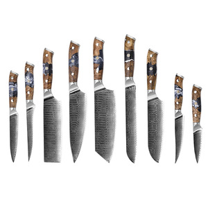 Factory Supply Damascus Pattern Kitchen <b>Knife</b> Set Burl Wood Resin Handle ODM Custom Gift <b>Box</b> Packaging Wholesale - Product Image 1