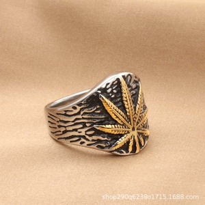 Bague en acier inoxydable doré pour homme, motif feuille, style décontracté, ethnique, rétro, tendance, motif végétal, géométrique, Guangzhou - Product Image 2