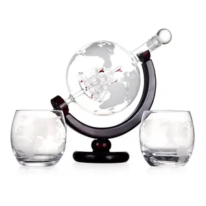 Cocktail 850ml Etched Globe Whisky Glasses Glass Whiskey Decanter Gift Set with Wood Base