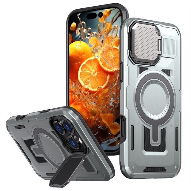 Magnetic Metal Camera Lens Stand Armor Back case for iPhone 17 Air 17 16 15 14 13 12 11 Pro Max Plus XR Wireless Charging Cover