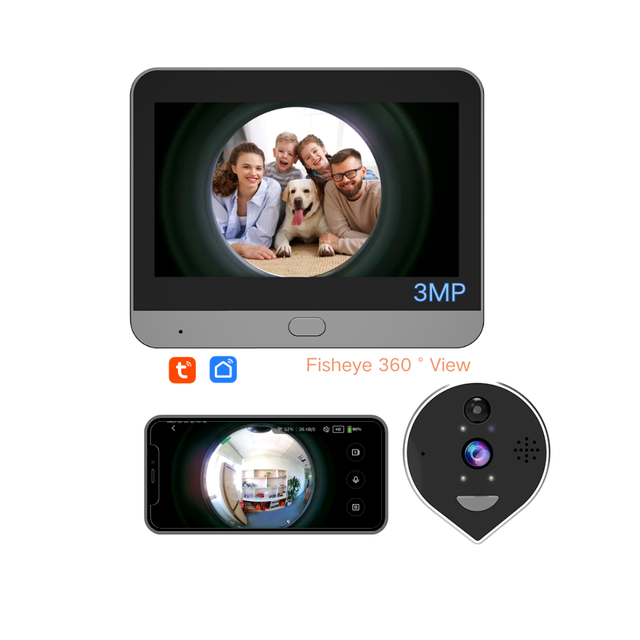 Fisheye 360° View Angle Doorbell with 4.3 Inch Display 2-way Audio Cat Eye Peephole Door Phone 3MP Tuya Smart Security Camera