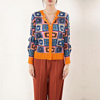 2026 Veste Cardigan Plissée Imprimée Géométrique pour Femme, Élégante, Ethnique, à Manches Longues et Col en V, Vêtement d'extérieur, Vente en Gros