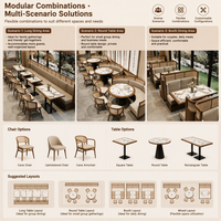 Ensemble de mobilier commercial pour restaurant : Banquettes en bois avec dossier cannage et tables à manger en marbre – Élégant et disponible en gros