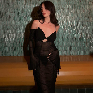 Summer Long Sleeve Spaghetti Strap Dress V-Neck <b>Tie</b> Waist See Through Backless Maxi Dress Black Solid Color <b>Polyester</b> - Product Image 1