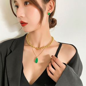 Fashion Eco-friendly Copper Teardrop Green Zircon Layered Pendant Necklace Set 18K Jewelry Gold Plated Sets for Everyday Wear - Product Image 2