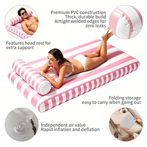Matelas flottant gonflable rayé bleu, rose et blanc avec appui-tête amovible, pour une personne, en PVC - Product Image 4