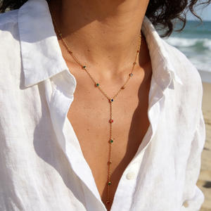 Stainless Steel Necklace With Colorful Rhinestones Y Shape Tassel <b>Extended</b> Length Minimalist Clavicle <b>Chain</b> Daily Wear - Product Image 1