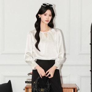 Women's French Style Round Neck Tie Front Shirt Long Sleeve Solid Color Satin Blouse Commuting Top <b>White</b> Q9840 - Product Image 3