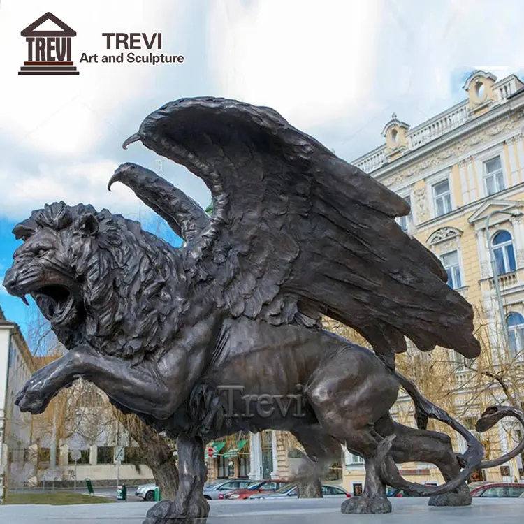 Quảng trường trang trí nội thất khổng lồ sư tử tượng Antique Bronze sư tử với cánh điêu khắc