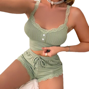 Pigiama Estivo da Donna Casual con Scollo a V Senza Maniche in Pizzo Jacquard Spandex/Poliestere, Stile Europeo Americano, di Gran Tendenza - Product Image 5