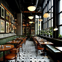 Ensemble de mobilier moderne pour hôtel et restaurant Ron Group : table carrée ou ronde en bois, banquette en forme de L, chaise en cuir avec table