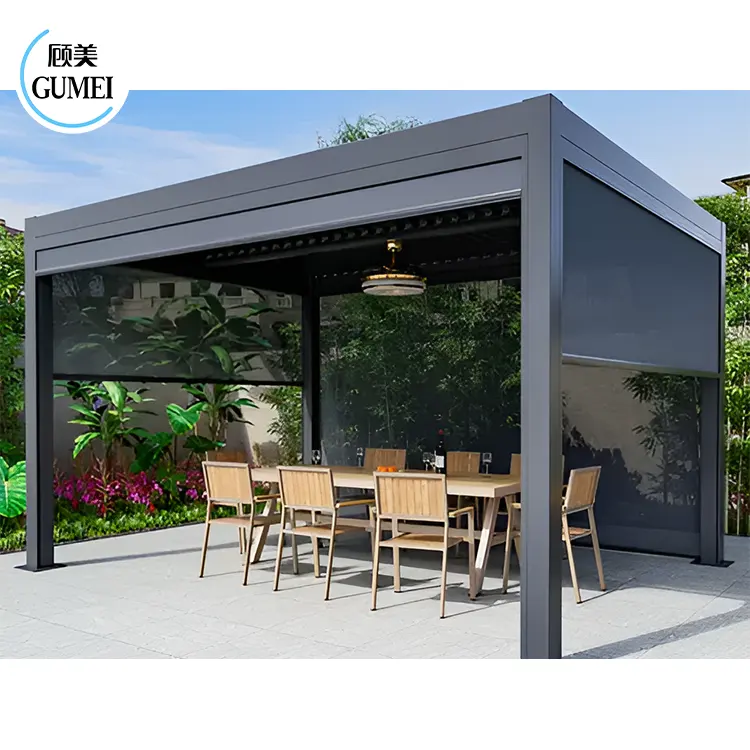 3x3 3x4 โมเดิร์นกันน้ํากลางแจ้ง Pergola อลูมิเนียมมอเตอร์ปรับหลังคาบานเกล็ดไบโอคลิแมติก Pergola