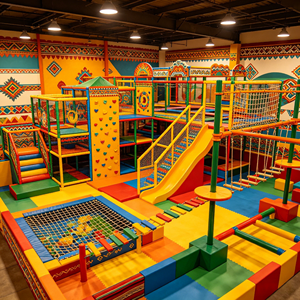 Parc d'aventure intérieur commercial à thème latin dynamique, intégrant un parc de trampolines, des toboggans arc-en-ciel et un parcours d'obstacles pour les centres de divertissement familial (FEC) - Product Image 3