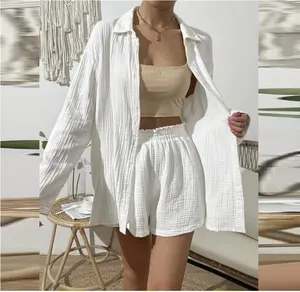 S-XL Spring/Summer Fashion Solid Color Long sleeved Shirt Set Women's casual loose shorts two-piece set