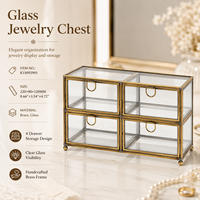 Boîte de rangement pour bijoux en verre transparent faite à la main, cadre en laiton, quatre tiroirs, étui de rangement pour maquillage, fournisseur en gros, présentoir