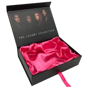 Haarverpackungsboxen mit individuellem Logo luxuriöse schwarze perückenverpackung mit bündeln für haarverlängerung geschenkbox aus seidensatin gefüttertem papier