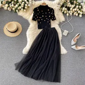Wholesale Women's Knitted Short Sleeved Sweater Beads Slim-Fit Knitwear Autumn Midi Mesh Skirt Lace Ball Gown 2 Pieces Sets