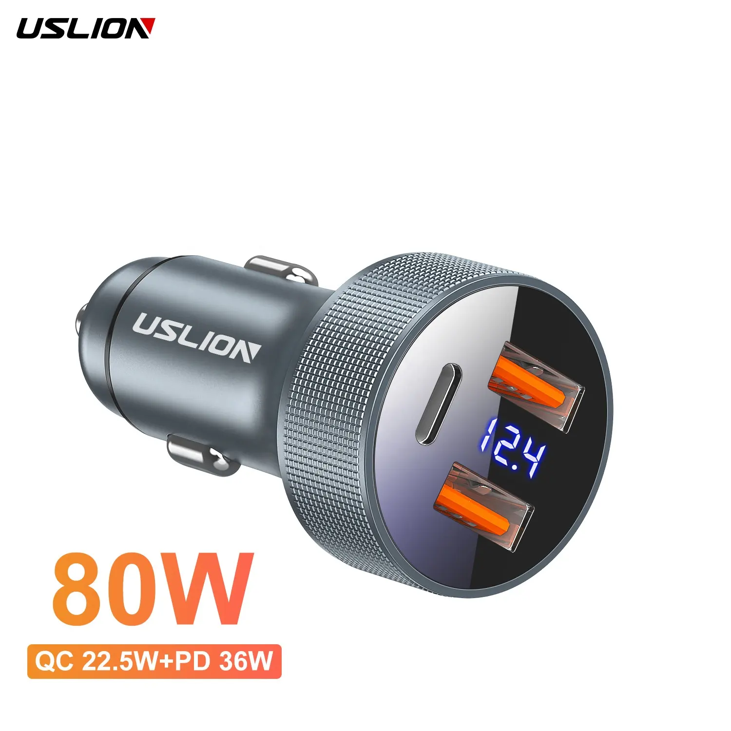 USLION 80W PD+2 USB Car Charger Digital Display Aluminum Alloy Car Charger Fast Charging Mobile Phone Tablet Laptop