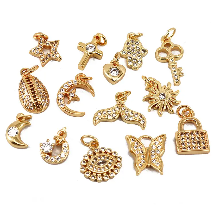 Cz8116 Hot Bán Nhỏ Nhỏ Tối Giản Mini Vàng CZ Micro Kim Cương Pave Sao Mặt Trời Sunburst Mặt Dây Chuyền Charms Chic Đồ Trang Sức Nguồn Cung Cấp