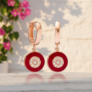 <b>Red</b> Enamel Round Zircon White Stone Dangle <b>Earrings</b> Turkish Handmade Wholesale 925 Sterling Silver Jewelry - Product Image 2