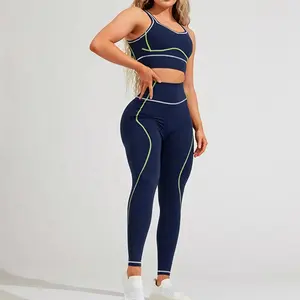 Custom 2022 Sport Wear Workout Set Women Square Neck Strappy Back Sports Bra and Stitch Leggings Two Piece Yoga Set