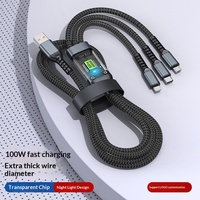 Câble de charge rapide 3-en-1 tressé transparent LED avec connecteurs Micro USB et Type-C 100W 5A pour téléphone portable et veilleuse
