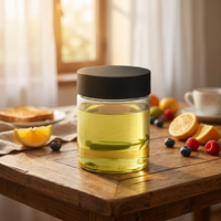 Bouteille en plastique PET ronde de 150 ml à large ouverture avec un bouchon de sécurité double couche noir, adaptée au stockage de fleurs séchées et de tisanes