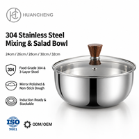 Bol à salade en acier inoxydable 304 de qualité alimentaire, bol de lavage de cuisine, bol à pâte multi-usages avec couvercle en verre trempé 24cm-32cm empilable