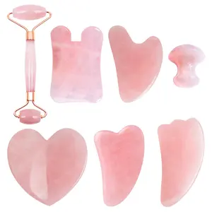 Rose-Gesichtsroller und Gua Sha-Set 100 % Hautpflege-Massage Rose-Quartz Gua Sha-Stein Werkzeug natürliches Quarz Guasha-Gesichts-Sutzwerkzeug