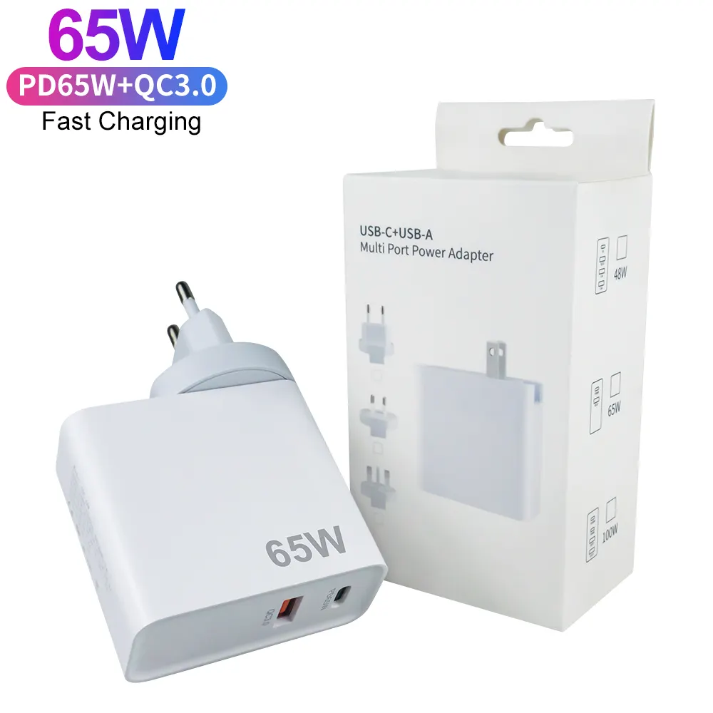 Super Fast Charger 65W Gan Charger Dual Ports PD 3.0 USB C Power Adapter Type C Wall Charger 65W For Mobile Phone Laptop Tablet