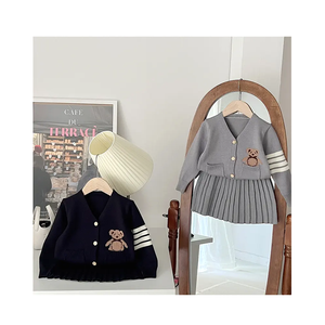 Autumn Winter Collection <b>Cute</b> Girls Korean Casual Suit New Long Sleeve <b>Bear</b> Cartoon Design Cotton Sweater Cardigan Skirt - Product Image 1