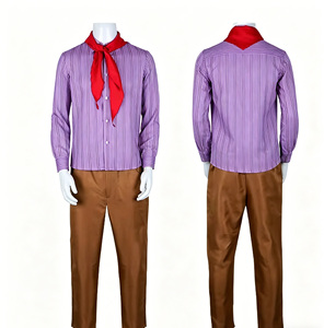 Costume de cosplay rayé bleu pour homme, chemise à manches longues avec écharpe rouge et pantalon marron, <span class=keywords><strong>tenue</strong></span> de personnage d'anime pour fête de carnaval - Product Image 3