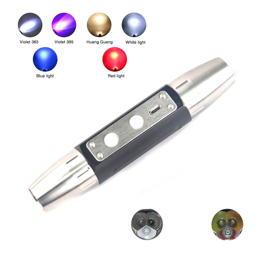 USB Rechargeable 6 LEDS Gemstone Flashlight Dual Head 6 in 1 White Light Yellow Blue Red Light UV 365 395 Amber Detector Torch