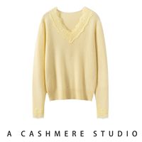 Pull en cachemire 100% à col en V, pull tricoté à bordure en dentelle pour femme, pull décontracté chaud, pull