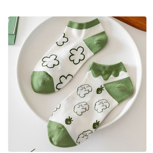 Green Cartoon Bunny Ankle Socks For Women Cotton Breathable Sweat Absorbing Casual Short Socks With Lace Trim - Product Image 2