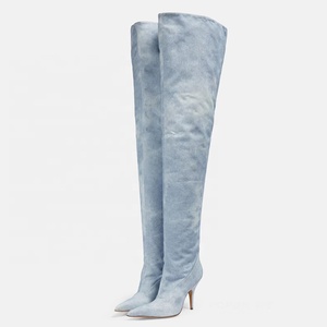 Wide Fit Thigh High Booties Women Blue Stiletto High Thin Heels Shoes Stretch Denim Over Knee Woman's Sexy Pointy Toe Pumps - Product Image 5