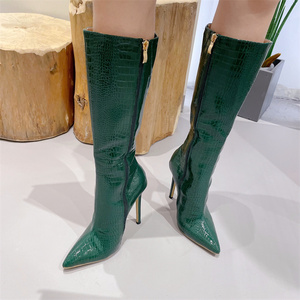 Bottines pour femme en cuir verni vert, bout pointu, talons aiguilles, fermeture éclair, chaussures tendance, taille 42 - Product Image 1