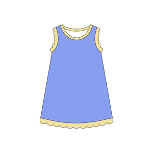 Robe d'été personnalisée GSD4061 pour bébé fille, bleu uni avec imprimé festonné jaune, sans manches, respirante, longueur genou, vente en gros pour enfants - Product Image 1
