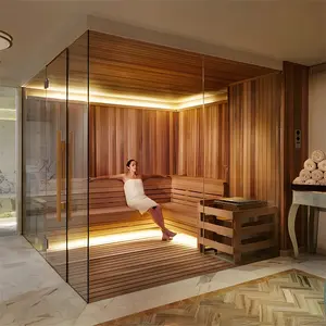 Red Cedar Solid Wood Indoor Traditional Wet Corner 3 Person Steam Sauna Room
