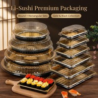 Boîte à sushi en plastique, ensemble de contenants ronds et rectangulaires pour emporter, avec couvercle transparent, base dorée et noire, plateau, OEM, sur mesure, vente en gros