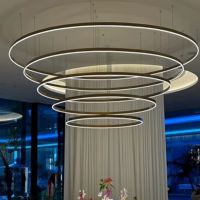 Lampu gantung bundar dari rangka baja tahan karat dan ring aluminium alloy untuk gym, hotel, aula, restoran, mal