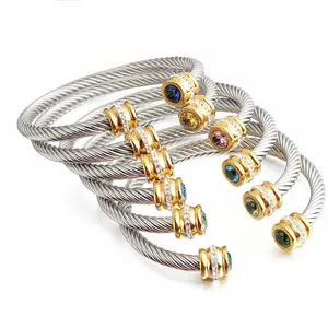 Birthstone Wire Bangle 316 High Quality Stainless Steel Plated 18k Gold Women 12 Month Stone AAA Zircon Cable Wire Open Bangle