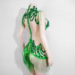 Combinaison pour femme adulte en maille à franges de strass, motif Forêt Enchantée, style Empress Emerald, pour spectacle de scène, carnaval, diva, drag queen - Product Image 2