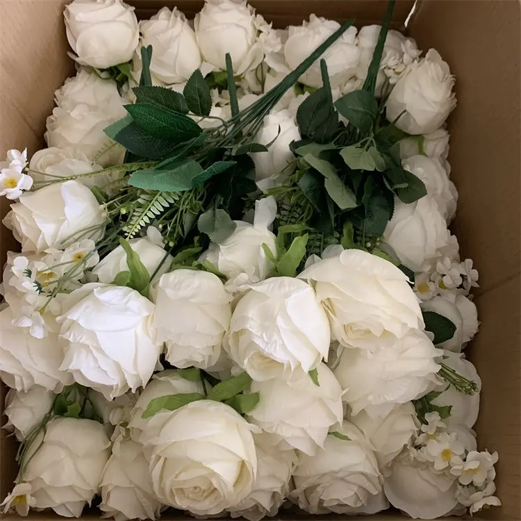 L-168 New European Style 13heads White Artificial Flower Bunch Ivory Roses Flowers With Green Grass