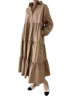 Robe chemise longue à col roulé boutonnée pour femme, à manches longues, à volants superposés, coupe ample, style coréen, unie, tissée, automne, ODM/OEM