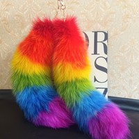 Porte-clés en fourrure de renard arc-en-ciel teinte et moelleuse, fournie par une usine chinoise, décoration de queue de renard bleu argenté, accessoire de décoration