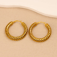 Boucles d'oreilles créoles texturées tressées épaisses plaquées or 18 carats en acier inoxydable creux étanche, larges à clipser pour femme