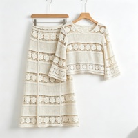 Ensemble deux pièces en crochet ajouré floral 3D pour femme, jupe midi, collection été 2026 – OEM/ODM – Ensembles tricotés au crochet pour femme
