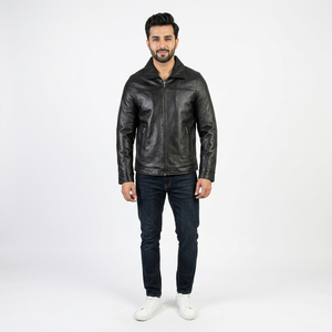 Finer Threads Men's Vintage Autumn Varsity Jacket with PU <b>Leather</b> Hooded Design Breathable Fabric Stand Collar Zipper Closure - Product Image 1